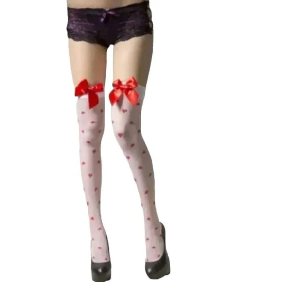 Fit Flower Accessories - Red Heart Stocking Knee High White with Red Bow and Red Heart Decals